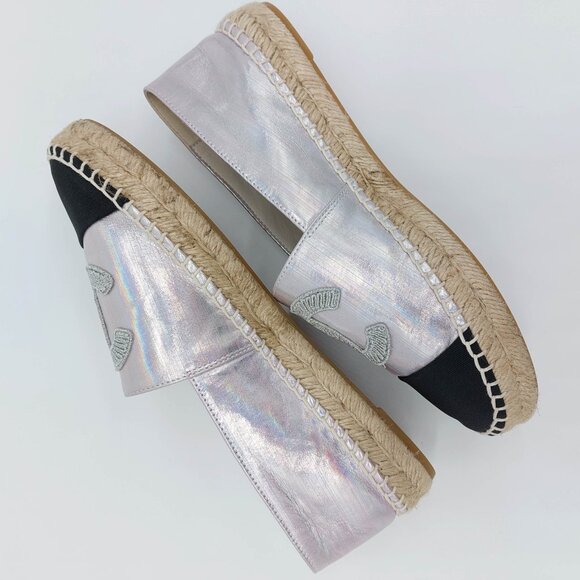 Chanel Espadrilles Laminated Lambskin Grosgrain Toe Caps Pink Silver Iridescent - Picture 10 of 12